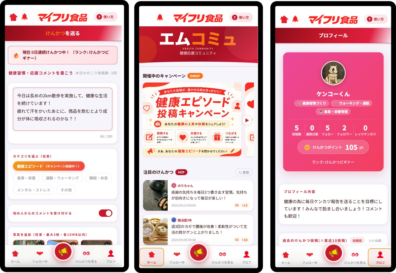 会員証ミニアプリの画面例。左：投稿画面（連続日数とランクの表示、テキスト入力、カテゴリ選択、コメント受付設定、写真添付）／中央：ホーム画面（開催中のキャンペーン、注目の投稿一覧）／右：プロフィール画面（アイコン、興味タグ、投稿数・フォロー数などの指標、保有ポイント、ランク表示）